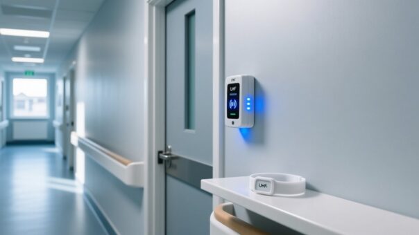 blog-cover-1778229943001 Professional interior of UK care home corridor with discreet RFID reader mounted near exit door and silicone RFID wristband on shelf