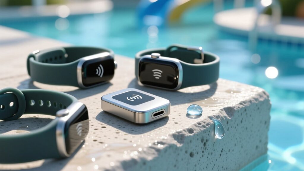 Professional close-up of waterproof silicone NFC wristbands on a sunlit water park surface with subtle reflection, showing texture and embedded NFC antenna detail