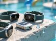 Professional close-up of waterproof silicone NFC wristbands on a sunlit water park surface with subtle reflection, showing texture and embedded NFC antenna detail