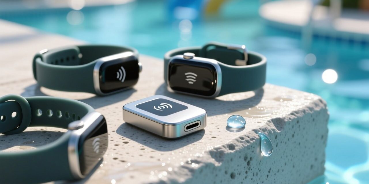 Professional close-up of waterproof silicone NFC wristbands on a sunlit water park surface with subtle reflection, showing texture and embedded NFC antenna detail