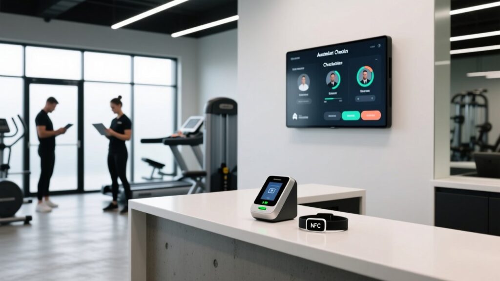 Professional studio shot of NFC wristbands on gym equipment with RFID reader and digital dashboard interface