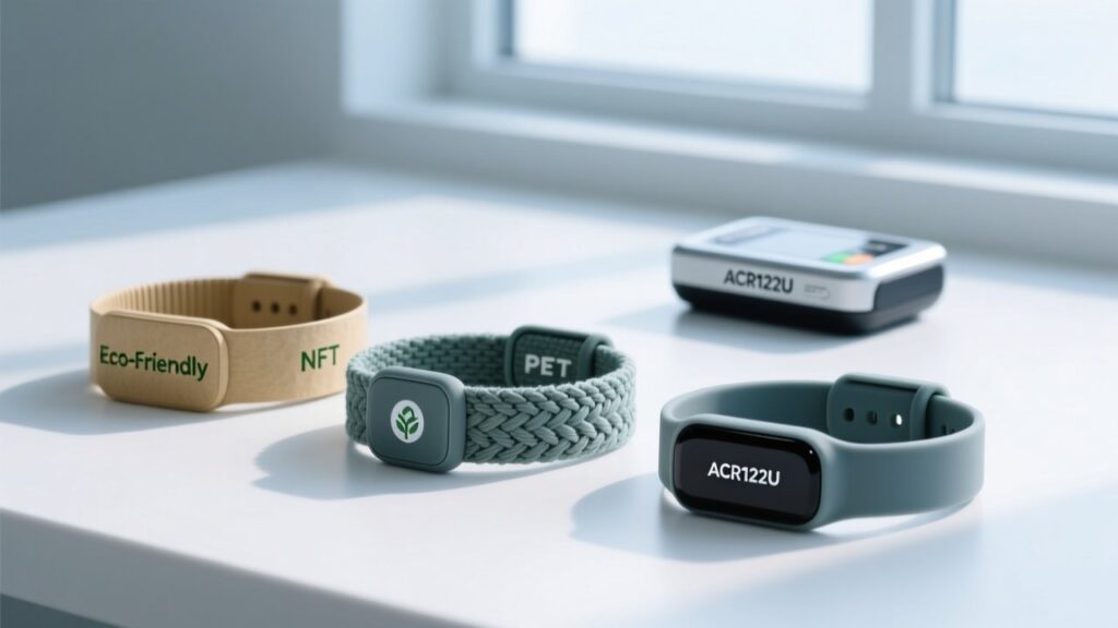 Professional studio shot of biodegradable NFC wristbands on a clean white surface with subtle green accents and an NFC reader in background