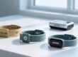 Professional studio shot of biodegradable NFC wristbands on a clean white surface with subtle green accents and an NFC reader in background