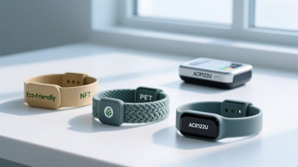 blog-cover-1778230599193 Professional studio shot of biodegradable NFC wristbands on a clean white surface with subtle green accents and an NFC reader in background