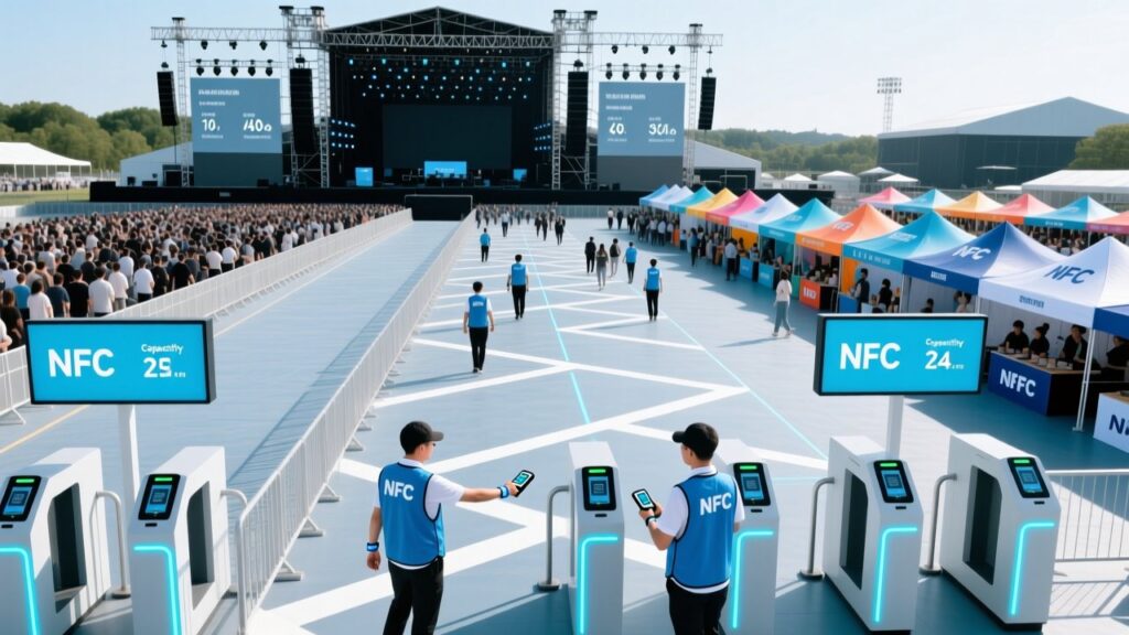 Professional aerial view of Brazilian music festival grounds with NFC wristband scanning stations, digital signage, and crowd flow management zones