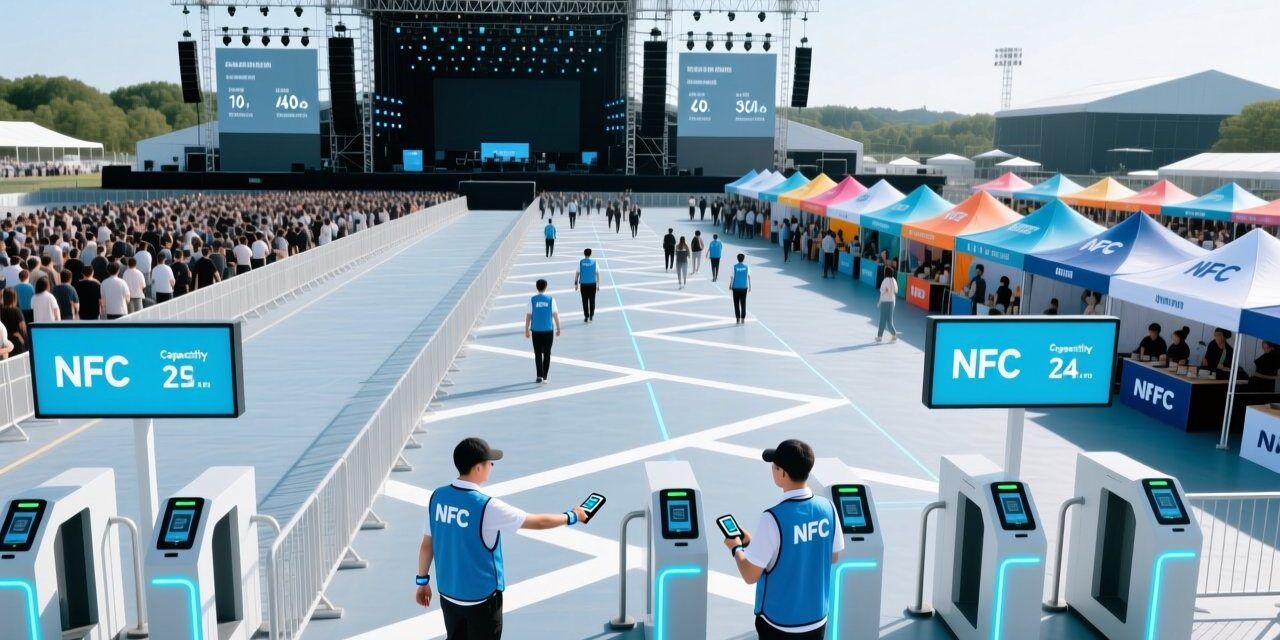 blog-cover-1778725806928 Professional aerial view of Brazilian music festival grounds with NFC wristband scanning stations, digital signage, and crowd flow management zones