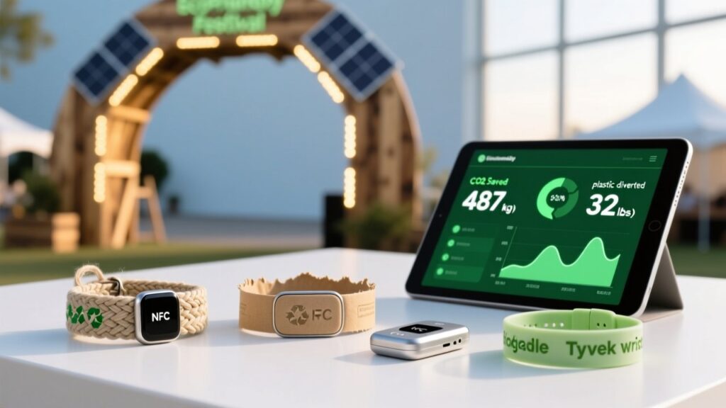 Professional studio shot of eco-friendly NFC wristbands on a clean white surface beside an NFC reader and digital tablet showing sustainability metrics