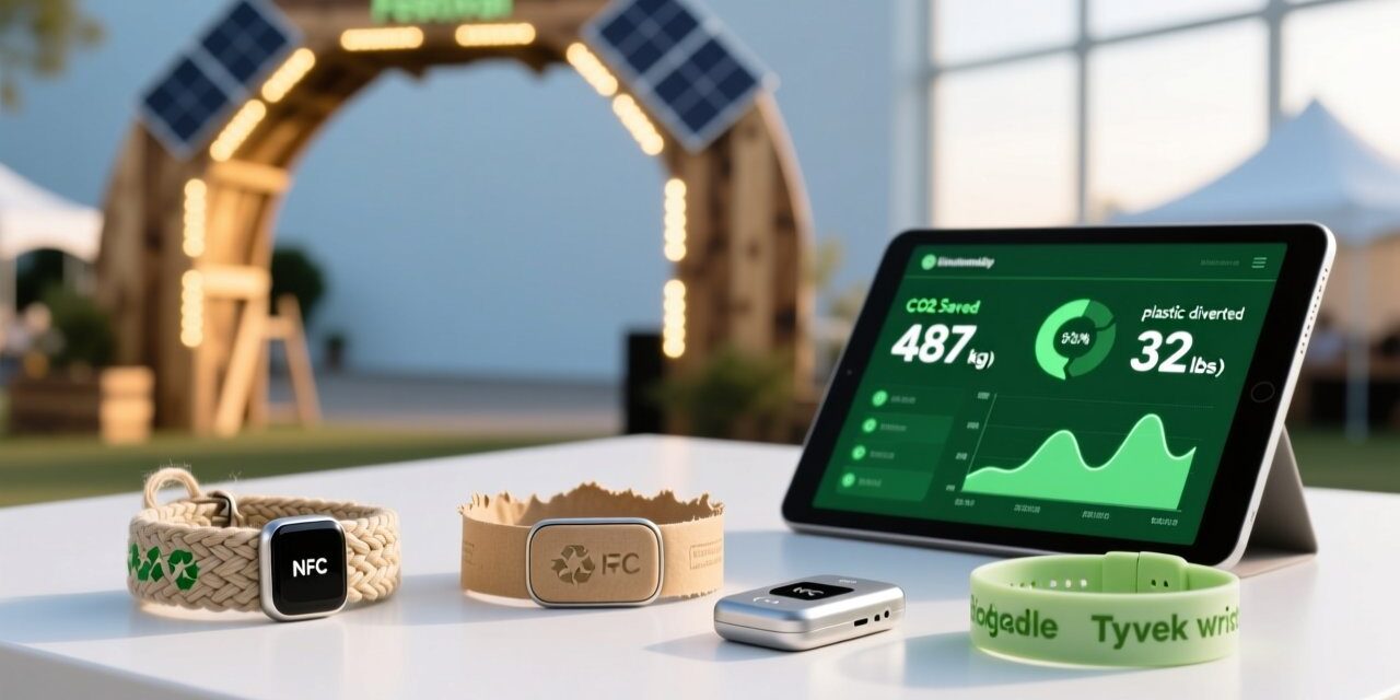 blog-cover-1778726191088 Professional studio shot of eco-friendly NFC wristbands on a clean white surface beside an NFC reader and digital tablet showing sustainability metrics