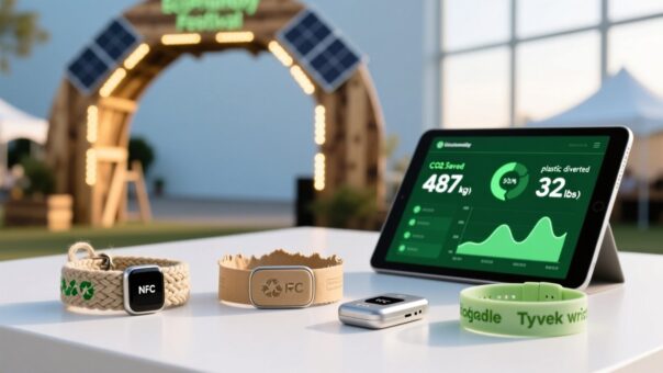 Professional studio shot of eco-friendly NFC wristbands on a clean white surface beside an NFC reader and digital tablet showing sustainability metrics