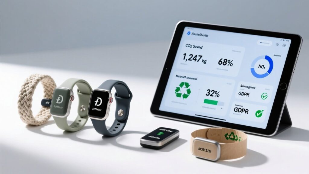 Professional studio shot of eco-friendly NFC wristbands on a clean white surface beside an NFC reader and digital dashboard showing sustainability metrics
