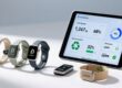 Professional studio shot of eco-friendly NFC wristbands on a clean white surface beside an NFC reader and digital dashboard showing sustainability metrics