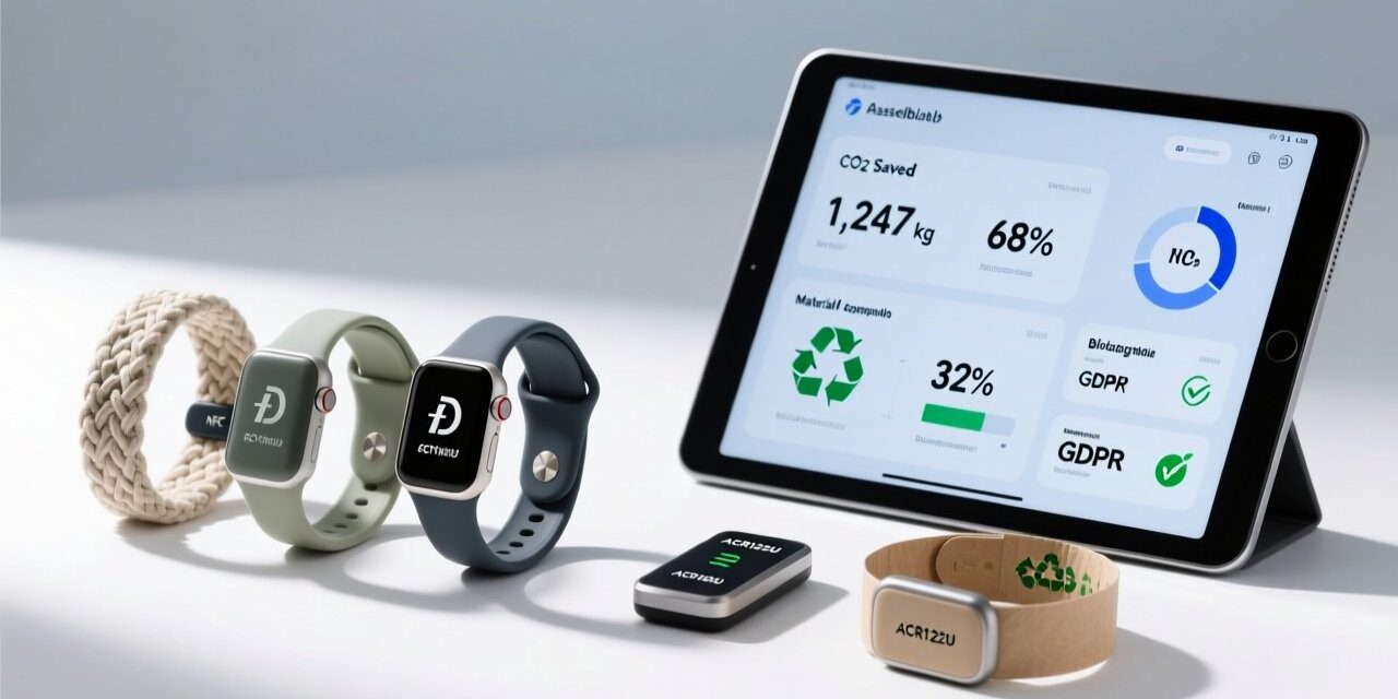 blog-cover-1778726467815 Professional studio shot of eco-friendly NFC wristbands on a clean white surface beside an NFC reader and digital dashboard showing sustainability metrics