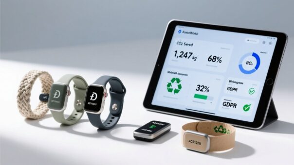 blog-cover-1778726467815 Professional studio shot of eco-friendly NFC wristbands on a clean white surface beside an NFC reader and digital dashboard showing sustainability metrics
