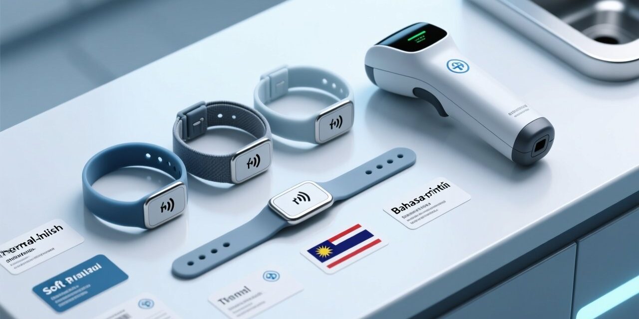 blog-cover-1778726596903 Professional overhead shot of RFID wristbands arranged beside a hospital ID badge scanner and multilingual printed labels on a clean white surface