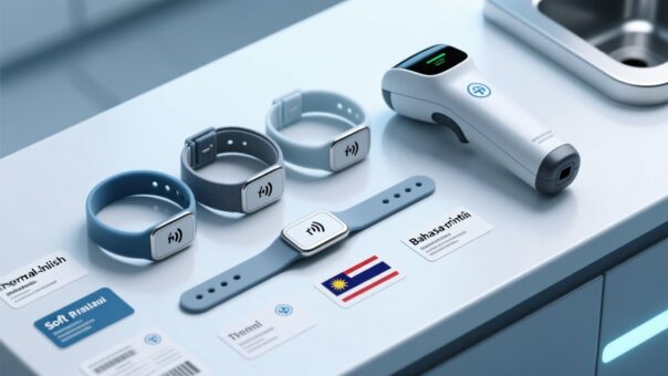 blog-cover-1778726596903 Professional overhead shot of RFID wristbands arranged beside a hospital ID badge scanner and multilingual printed labels on a clean white surface