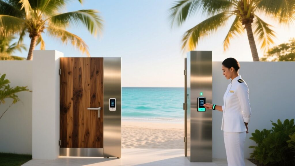 Professional resort setting with NFC wristband scanning at beach club entrance, tropical backdrop, clean modern aesthetic