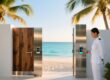 Professional resort setting with NFC wristband scanning at beach club entrance, tropical backdrop, clean modern aesthetic