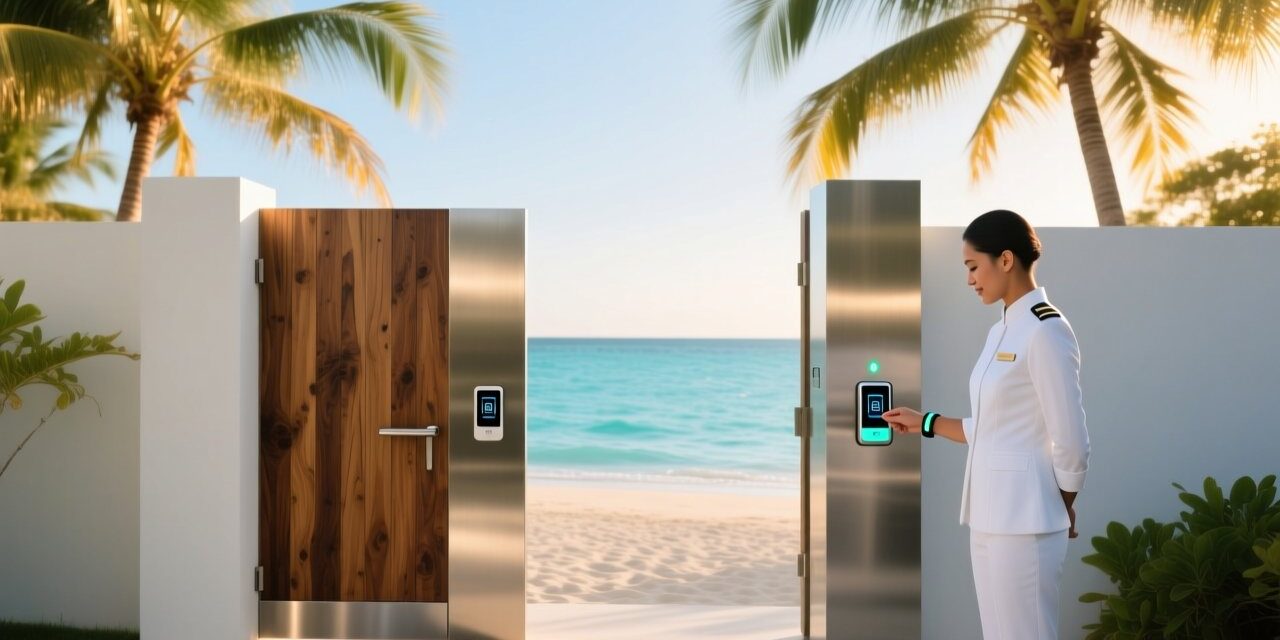 blog-cover-1778726663763 Professional resort setting with NFC wristband scanning at beach club entrance, tropical backdrop, clean modern aesthetic