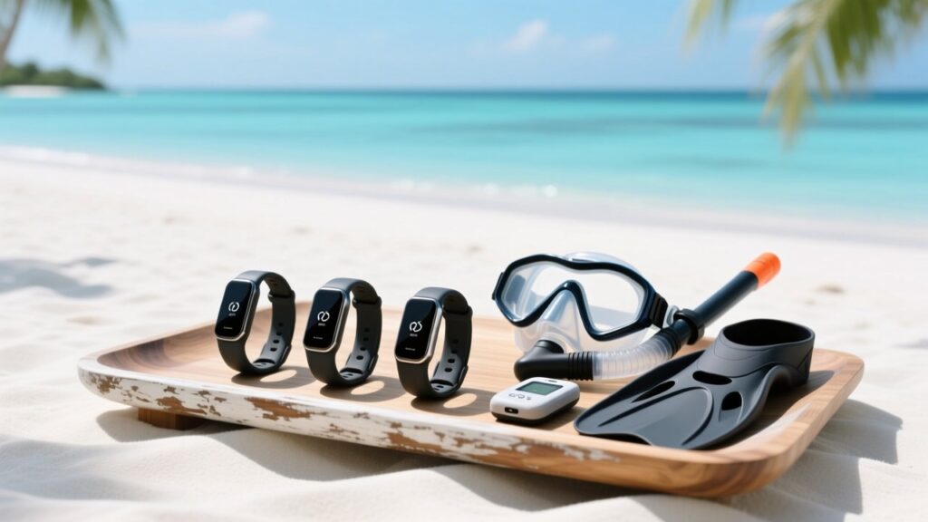 Professional photo of waterproof NFC wristbands on tropical resort setting with beach, water sports gear, and subtle RFID scanning interface