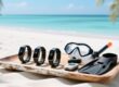 Professional photo of waterproof NFC wristbands on tropical resort setting with beach, water sports gear, and subtle RFID scanning interface