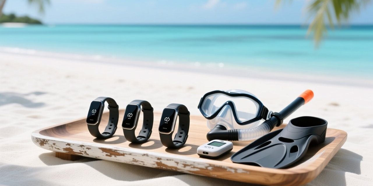 Professional photo of waterproof NFC wristbands on tropical resort setting with beach, water sports gear, and subtle RFID scanning interface