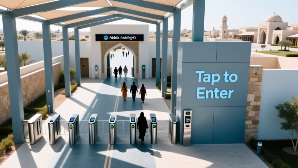 Professional aerial view of a modern UAE theme park entrance with RFID wristband scanning stations, digital signage, and streamlined guest flow under desert sunlight