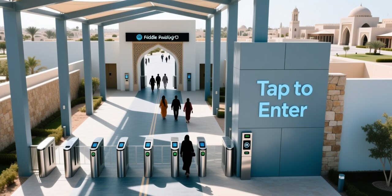 blog-cover-1778727894015 Professional aerial view of a modern UAE theme park entrance with RFID wristband scanning stations, digital signage, and streamlined guest flow under desert sunlight