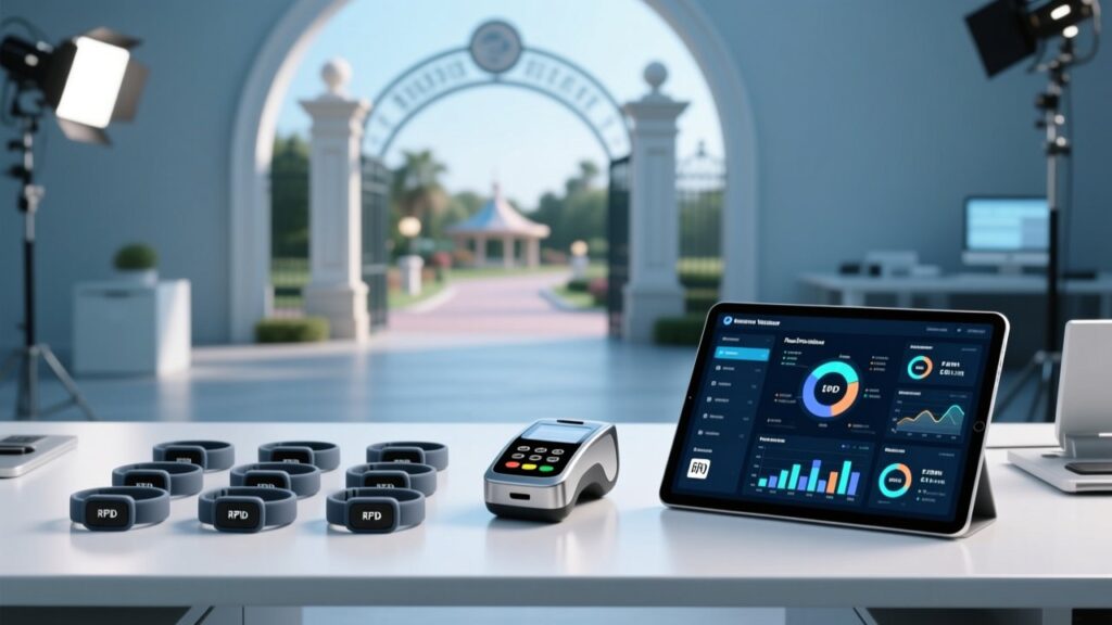 Professional overhead shot of RFID wristbands on a sleek white surface beside an NFC reader and digital dashboard showing real-time park metrics