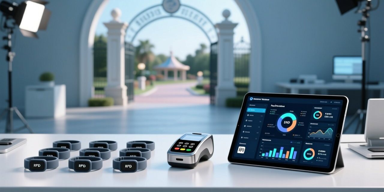Professional overhead shot of RFID wristbands on a sleek white surface beside an NFC reader and digital dashboard showing real-time park metrics