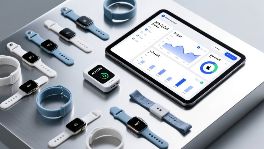 Professional overhead shot of NFC wristbands on a sleek metallic surface beside an NFC reader and digital dashboard showing Arabic/English interface elements