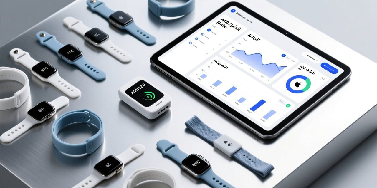 blog-cover-1778728051427 Professional overhead shot of NFC wristbands on a sleek metallic surface beside an NFC reader and digital dashboard showing Arabic/English interface elements