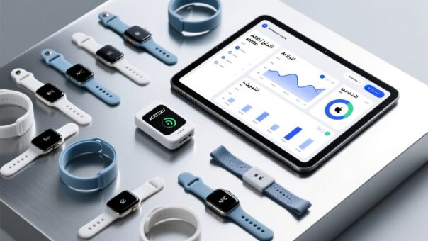 blog-cover-1778728051427 Professional overhead shot of NFC wristbands on a sleek metallic surface beside an NFC reader and digital dashboard showing Arabic/English interface elements