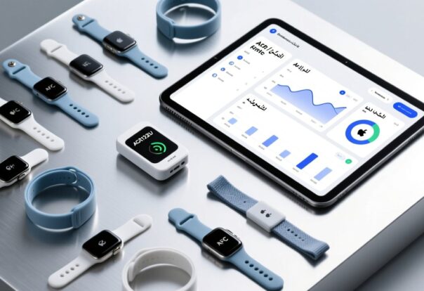 blog-cover-1778728051427 Professional overhead shot of NFC wristbands on a sleek metallic surface beside an NFC reader and digital dashboard showing Arabic/English interface elements