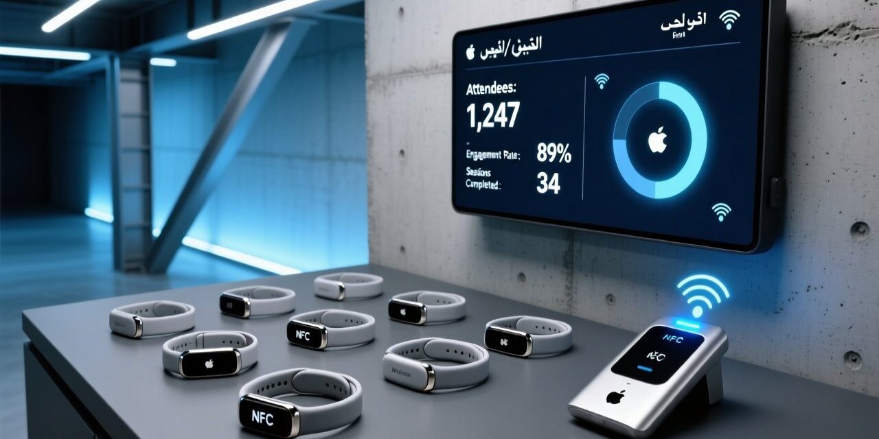 blog-cover-1778728418222 Professional overhead shot of NFC wristbands on a sleek dark surface beside an NFC reader and digital dashboard showing Arabic-English event analytics