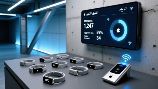 Professional overhead shot of NFC wristbands on a sleek dark surface beside an NFC reader and digital dashboard showing Arabic-English event analytics