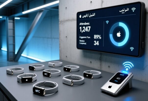 blog-cover-1778728418222 Professional overhead shot of NFC wristbands on a sleek dark surface beside an NFC reader and digital dashboard showing Arabic-English event analytics
