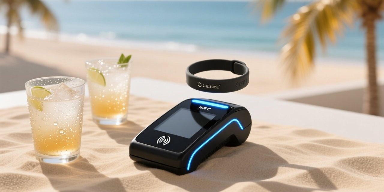 Professional overhead shot of NFC wristband tapping on a sleek, sand-colored payment terminal beside tropical drink glasses and palm leaf motif — no text or logos