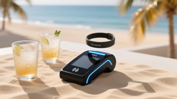 blog-cover-1778728527758 Professional overhead shot of NFC wristband tapping on a sleek, sand-colored payment terminal beside tropical drink glasses and palm leaf motif — no text or logos