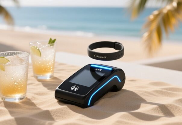 blog-cover-1778728527758 Professional overhead shot of NFC wristband tapping on a sleek, sand-colored payment terminal beside tropical drink glasses and palm leaf motif — no text or logos