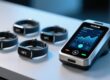 Professional studio shot of GDPR-compliant NFC wristbands on a clean blue-gray surface beside an NFC reader and encrypted data dashboard interface