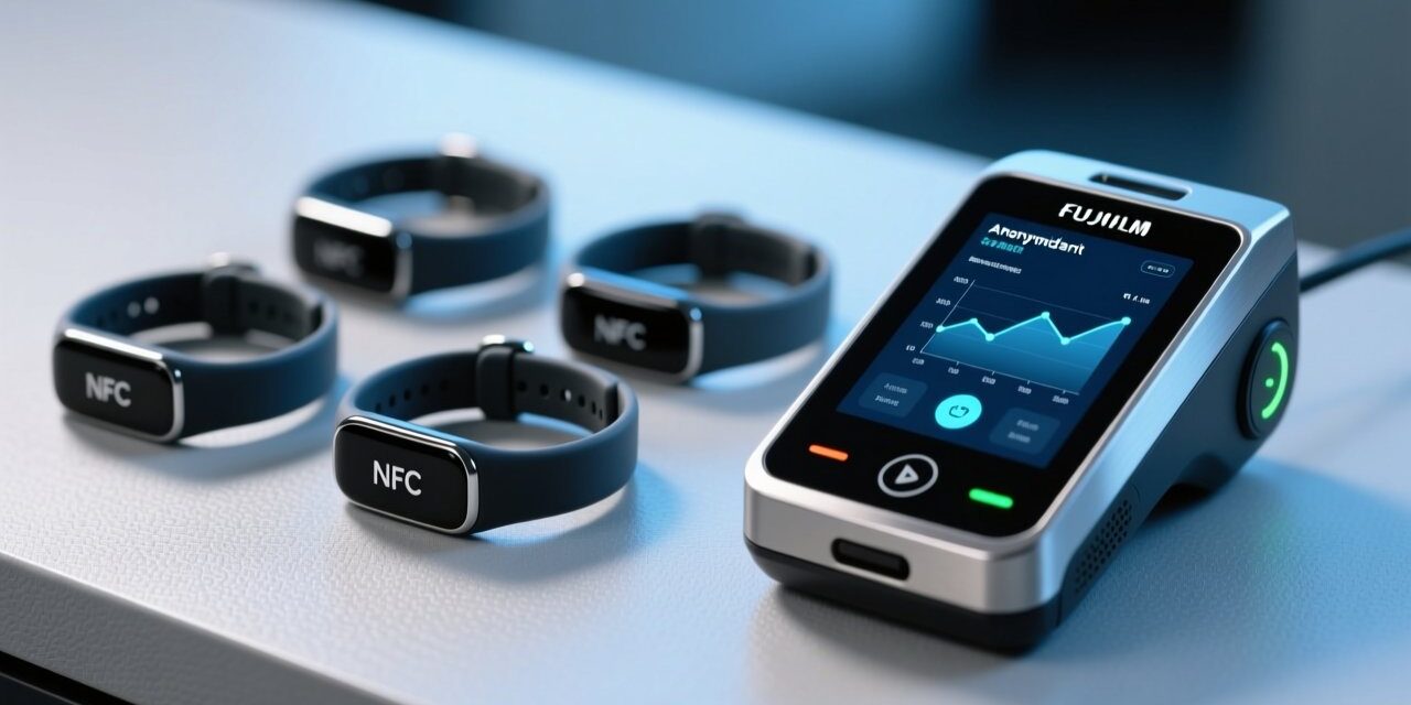 Professional studio shot of GDPR-compliant NFC wristbands on a clean blue-gray surface beside an NFC reader and encrypted data dashboard interface