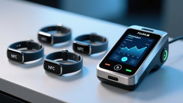 blog-cover-1778729025688 Professional studio shot of GDPR-compliant NFC wristbands on a clean blue-gray surface beside an NFC reader and encrypted data dashboard interface