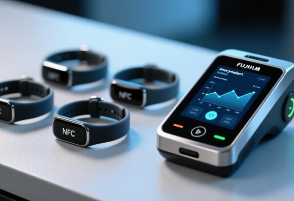 blog-cover-1778729025688 Professional studio shot of GDPR-compliant NFC wristbands on a clean blue-gray surface beside an NFC reader and encrypted data dashboard interface