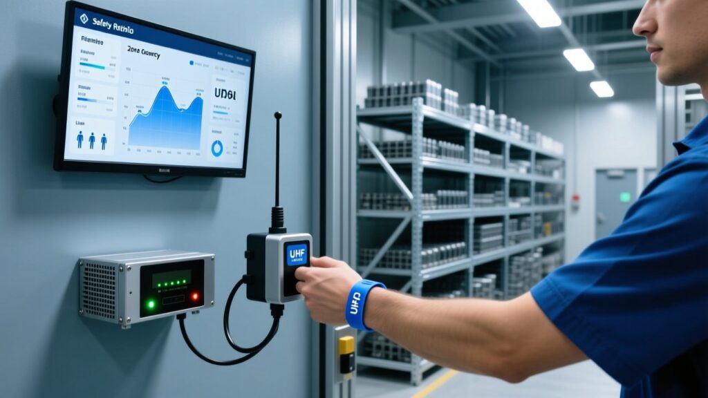 Professional industrial setting with UHF RFID wristband scanning at factory gate, fixed RFID reader, digital dashboard, clean modern lighting