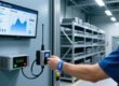 Professional industrial setting with UHF RFID wristband scanning at factory gate, fixed RFID reader, digital dashboard, clean modern lighting