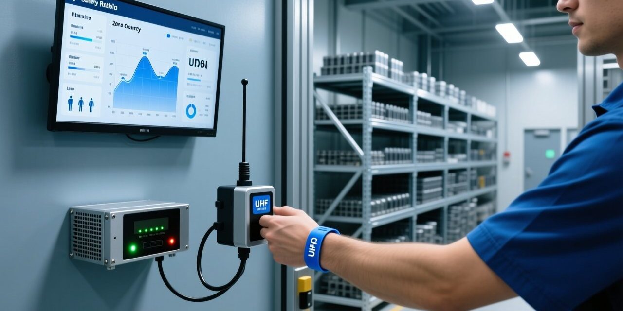 Professional industrial setting with UHF RFID wristband scanning at factory gate, fixed RFID reader, digital dashboard, clean modern lighting