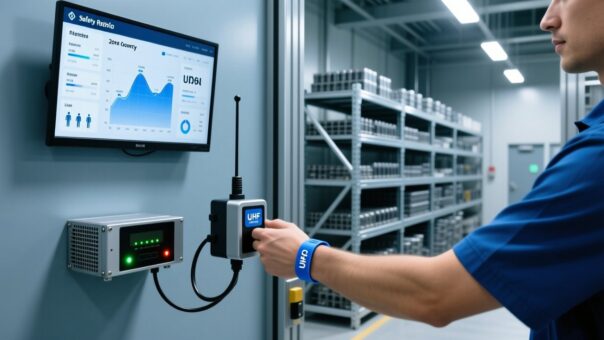 Professional industrial setting with UHF RFID wristband scanning at factory gate, fixed RFID reader, digital dashboard, clean modern lighting