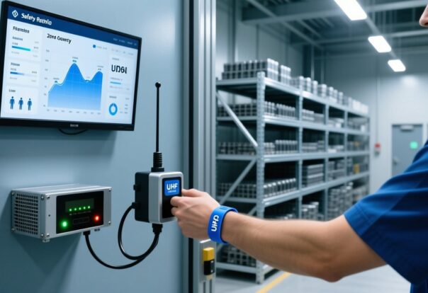 blog-cover-1778729148753 Professional industrial setting with UHF RFID wristband scanning at factory gate, fixed RFID reader, digital dashboard, clean modern lighting
