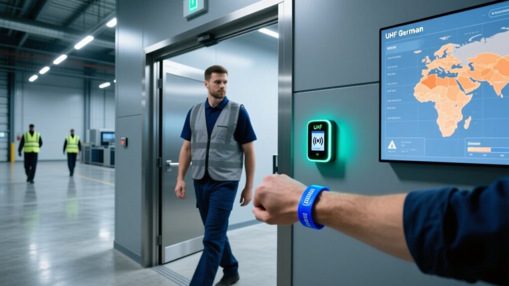 Professional industrial setting showing UHF RFID wristband scanning at factory entrance with embedded reader, digital dashboard, and safety signage