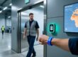 Professional industrial setting showing UHF RFID wristband scanning at factory entrance with embedded reader, digital dashboard, and safety signage